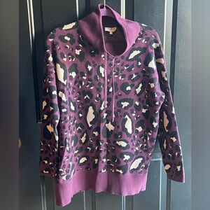 Lou & Grey Purple Leopard Print Drawstring Neck Sweater Size L | Comfortable‎